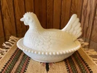 Vintage Indiana White Milk Glass Beaded Chicken Hen Nest Covered Dish 7”