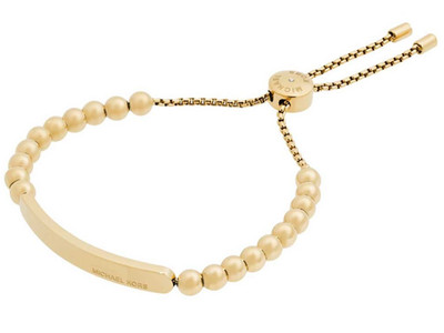 Michael Kors MK Logo Plaque Yellow Gold Beaded Slider Bracelet NEW DUTY INCL. 