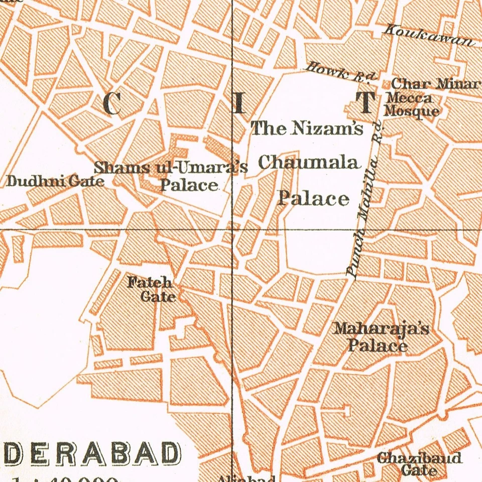 Hyderabad Haidarābād 1914 INDIA MAPA ORIGINAL ANTIGUO PLANO DE LA CIUDAD TELLANGANA Foto 4 de 4