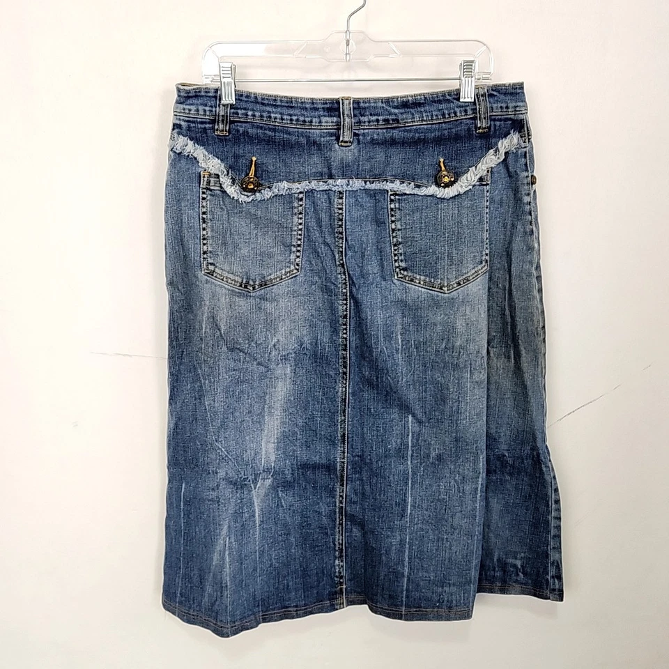 Falda vaquera estilo J para mujer talla 34 lavado mediano desteñido denim línea A hasta la rodilla modesta Foto 2 de 4