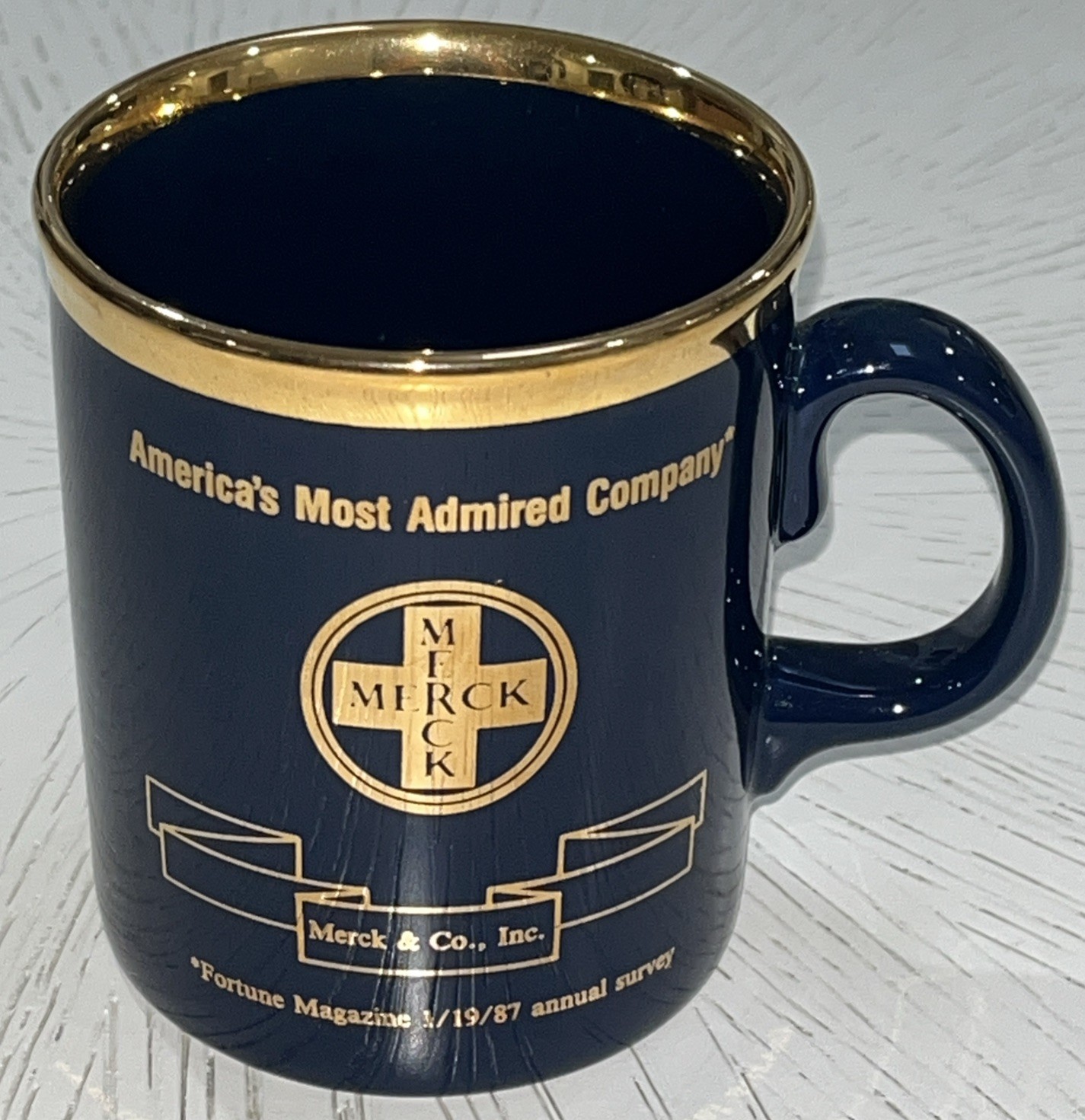 Merck Pharmaceutical 1987 Mug Coaster Set Blue Gold Color Americas Most Admired