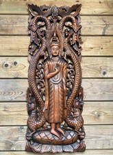 88cm Buddha Holz Ornament Wand Relief Bild Antik Look edel geschnitzt braun gold