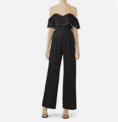 Devlin Womens SZ 6 Beaded Trim Pleated Front Wide Leg Jumpsuit Black