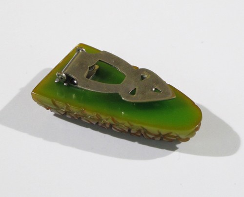 Vintage Bakelite Pin Brooch Clip carved Art Deco green marble - Picture 3 of 6