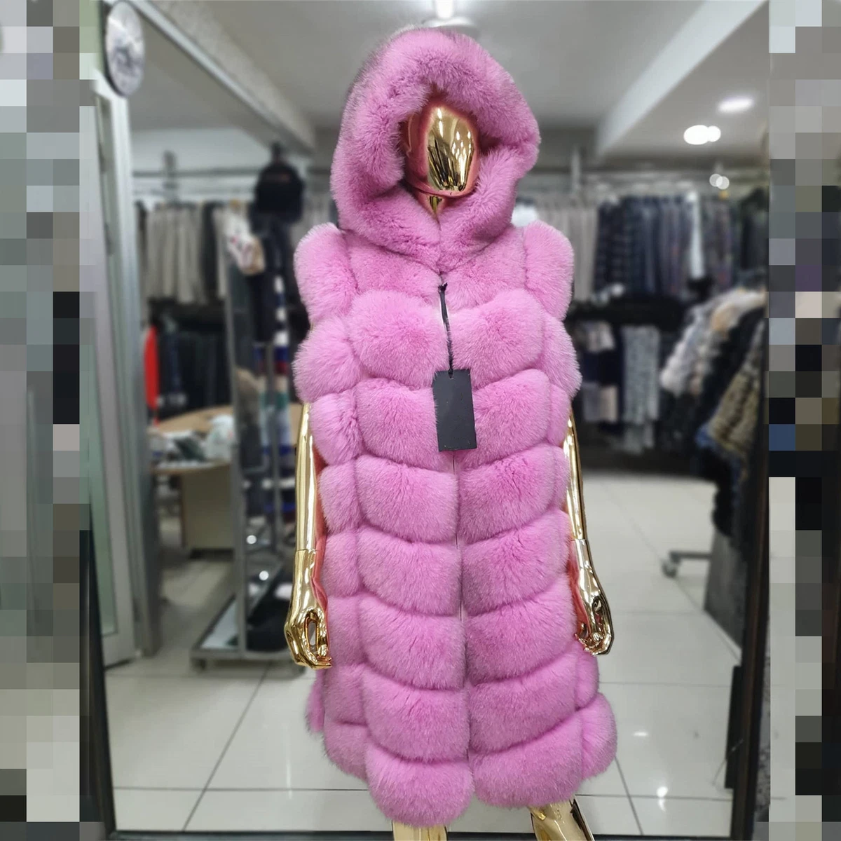 Women New Pink Genuine Fox Fur Thick Hood Waistcoat Real Fur
