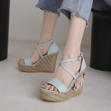 Women's Slope Heel Sandals Summer High Heel Buckle Strap Bohemian Beach Sandals
