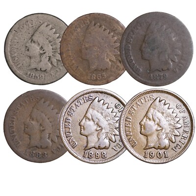 6 PC INDIAN HEAD CENT PENNY STARTER COLLECTION ONE COIN FROM EACH DECADE! 