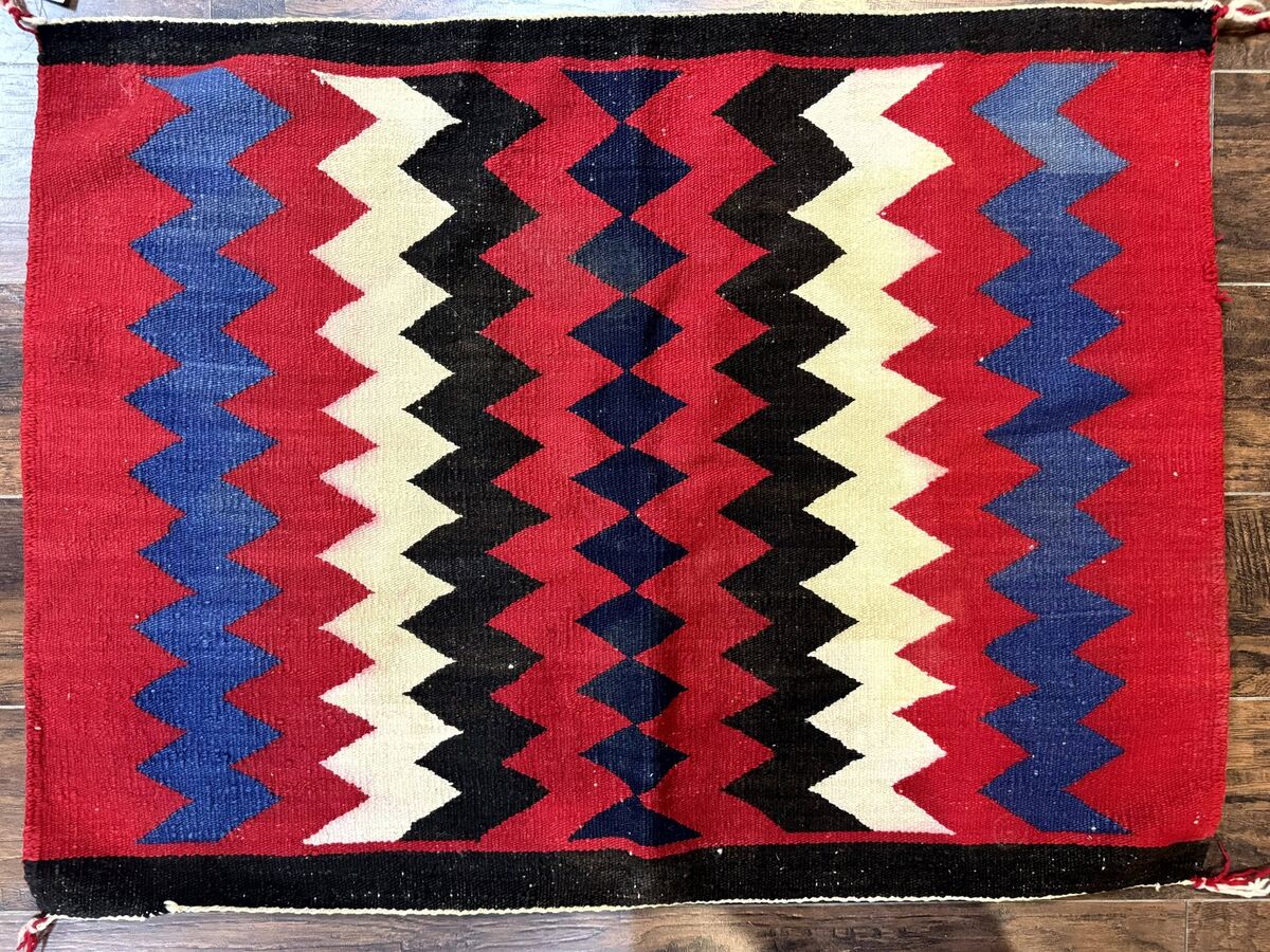 Antique Navajo Rug 3.7 x 2.8, Red Ivory Blue, Zig Zag Antique Navajo Rug 3.7 x 2.8, Red Ivory Blue, Zig Zag