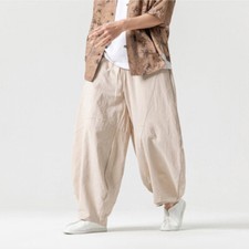 Chinese Men Pants Trousers Slacks Elastic Waist Kung Fu Plain Baggy Casual Retro