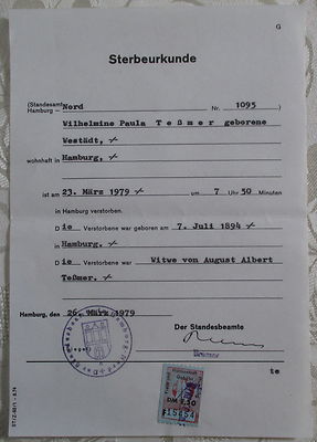 Sterbeurkunde Hamburg 1979 Gebührenmarke 1,50 DM Stempel | eBay