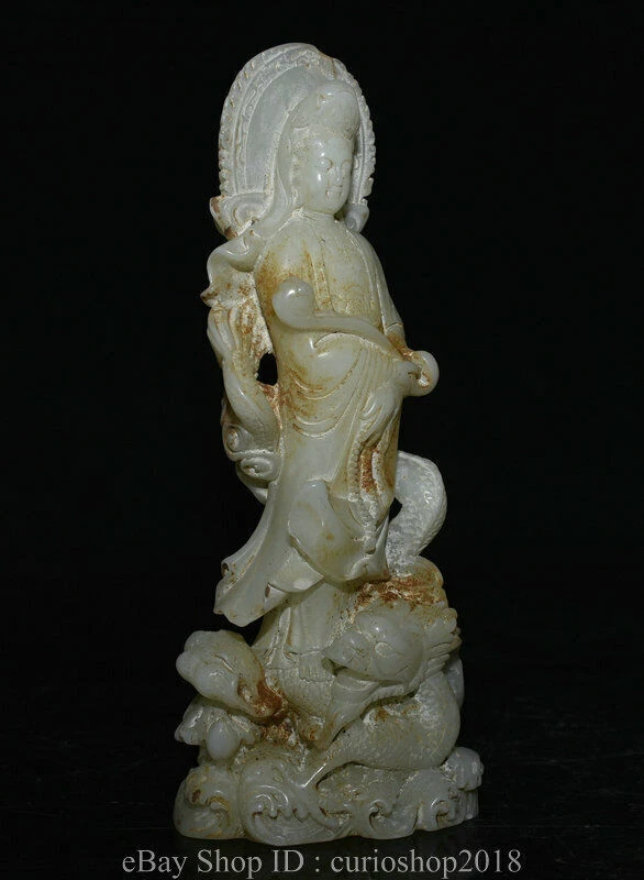 Estatua Ruyi de dragón de Buda Guanyin tallado en jade blanco chino antiguo de 8,8" Foto 4 de 4