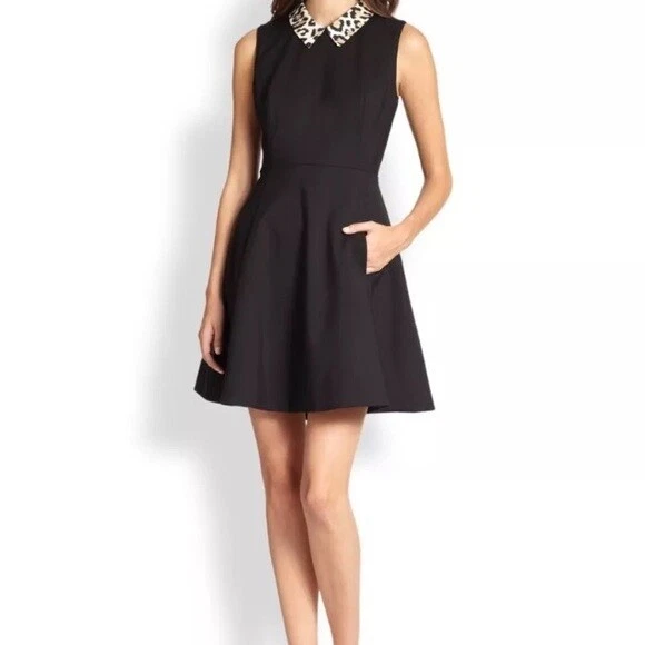 Abito Kate Spade nero Rissa Fit Flare Lepord foderato con colletto posteriore con cerniera taglia 2