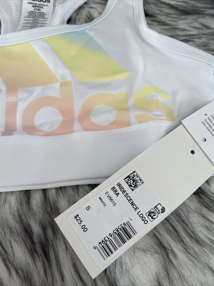 Adidas Aeroready Girls Sport Iridescence Logo Bra White Stretch RacerBack S(7/8) - Image 3 of 4