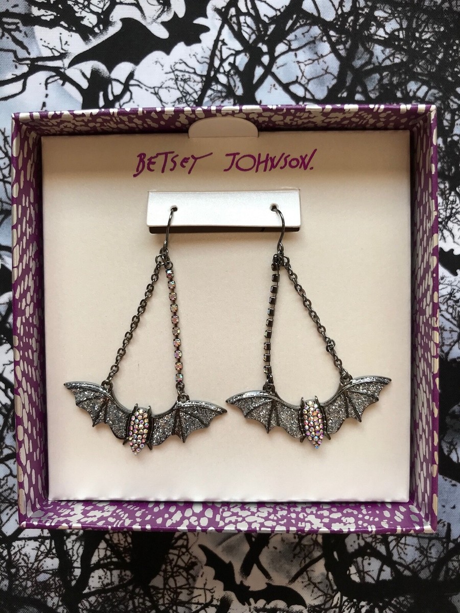 Betsey Johnson Gothic Crystal Bat Dangling Halloween Drop Earrings