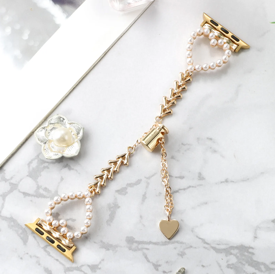 Girly Golden Pearl Heart Chainlink Apple Watch Band Strap Adjustable Any  Series | eBay