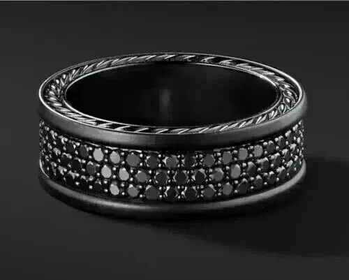 Alianza de boda para hombre de diamantes negros creados de corte redondo de 2 quilates enchapada en oro negro 925 de 14 quilates Foto 3 de 4