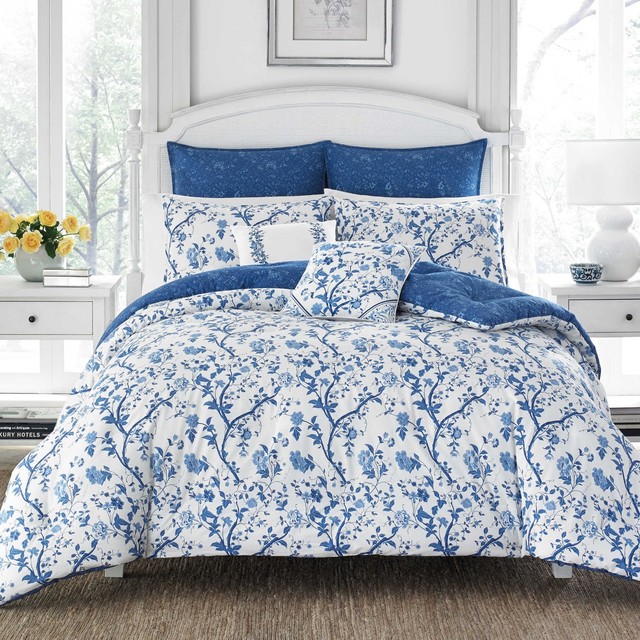 Laura Ashley Shabby Chic Navy Floral 5 PC Cotton Comforter Bedding Set