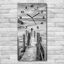 Wall Clock Real Glass Kitchen Clock 30x60 Decorative Picture Motif: Way by the Sea Black White