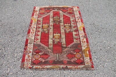 3x4 ft Vintage Red Anatolian Handmade Oushak Wool Rug Tribal Bohemian Decor