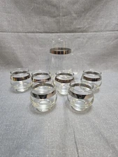 Vintage Libbey Silver Band Set Pitcher and 6 Roly Poly Glasses Martini Whiskey