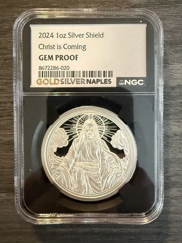 1 Troy oz Jesus Christ Is Coming Silver Shield Series .999 In NGC Slab Gem Proof