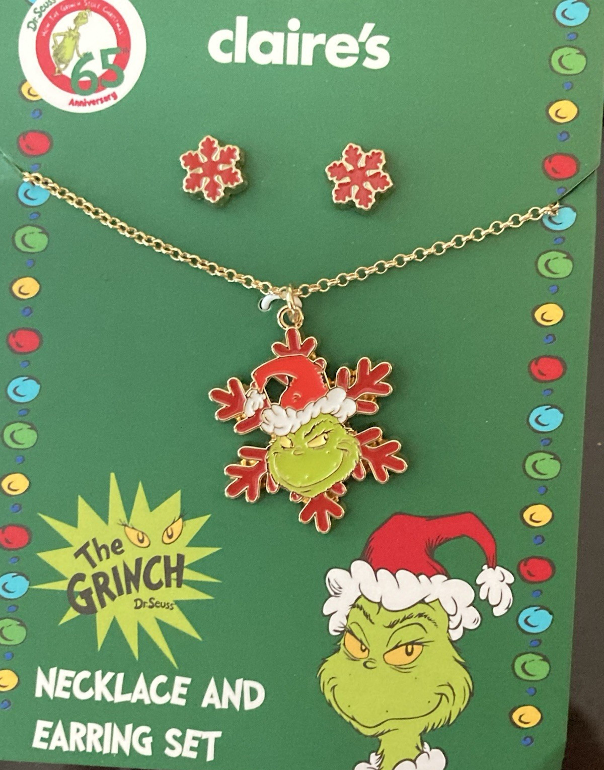 NEW~Dr. Seuss How The Grinch Stole Christmas Necklace & Earrings Set Claire's