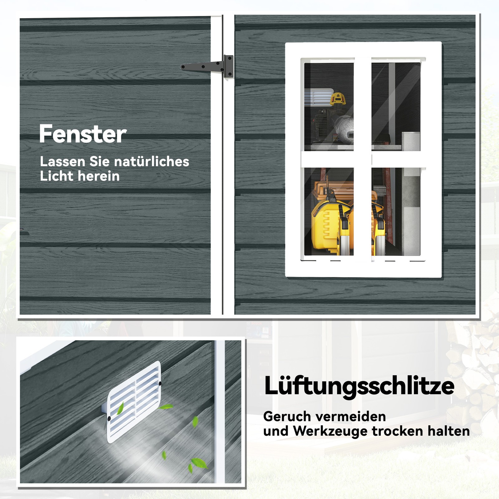 Gerätehaus 2,89 m² Geräteschuppen mit Holzoptik 3 Fenster 182 x 182 x 196 cm