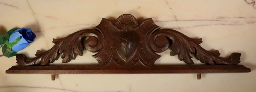 Antique French Hand Carved Oak Wood Overdoor Pediment Crest -Ships DDP to USA