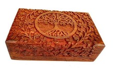 Handcarved Wooden Decorative Treasure Chest Box 8 x 5 Inch Brown Tree Of Life