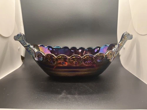 Fenton Art Glass 14in Plum Carnival Viking Ship Bowl Iridescent Finish W/Sticker