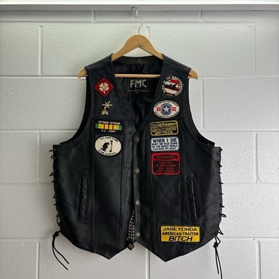 FMC Leather Biker Vest size XL various patches, Vietnam Veteran