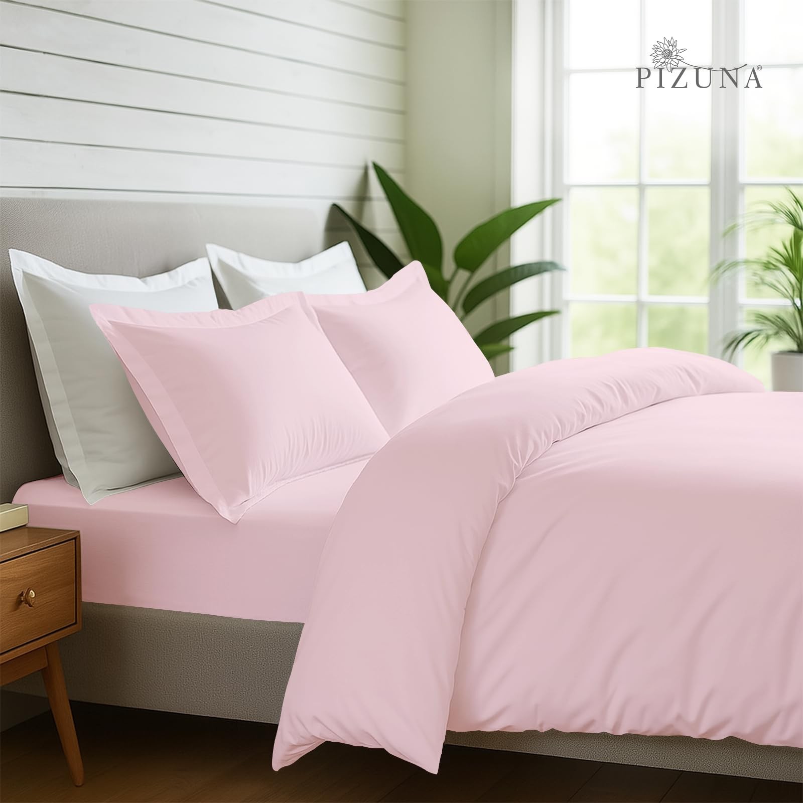 Pizuna Pure Combed Cotton Double - Duvet Cover Set + Fitted Sheet, Light Pink