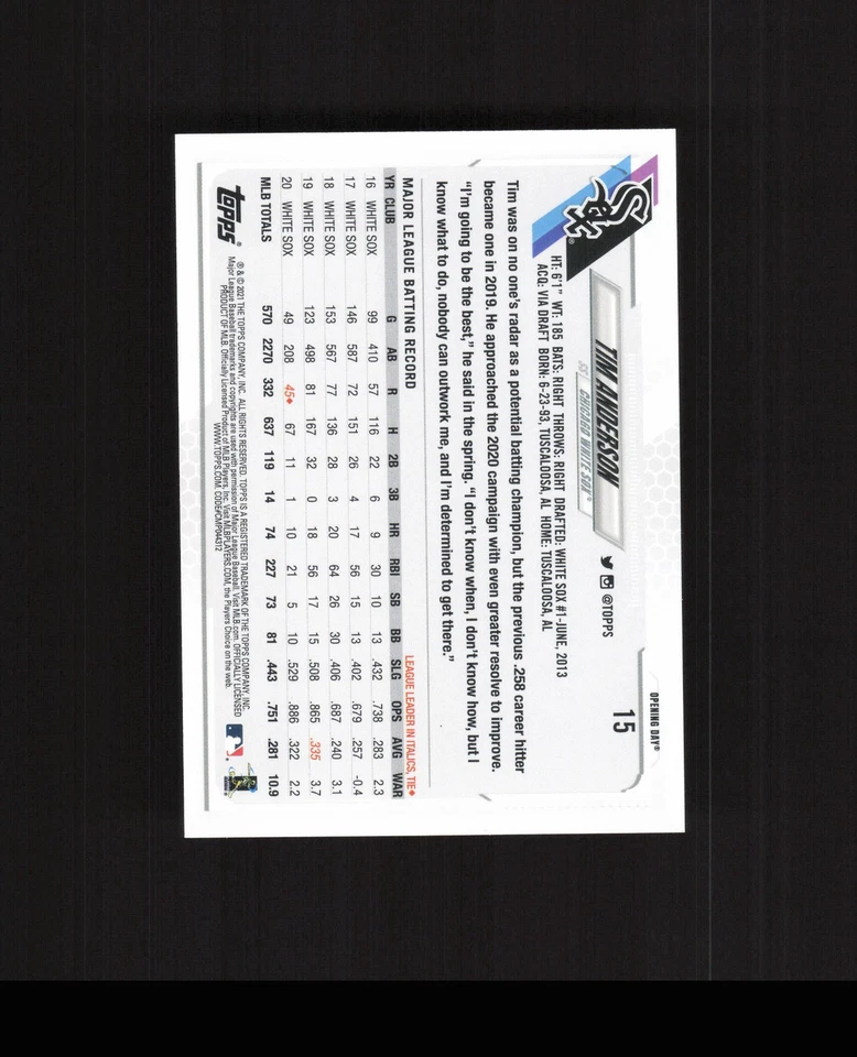 2021 Topps #138 Tim Anderson Baseball Card Chicago White Sox - Image 2 of 2