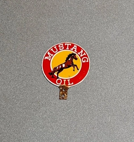 VINTAGE MUSTANG HORSE PLATE TOPPER PORCELAIN SIGN CAR GAS TRUCK OIL MOTORCYCLE