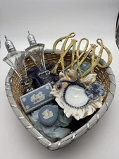 Vintage Christmas Gift Basket – Wedgwood Jasperware, Crystal Shakers & Brass