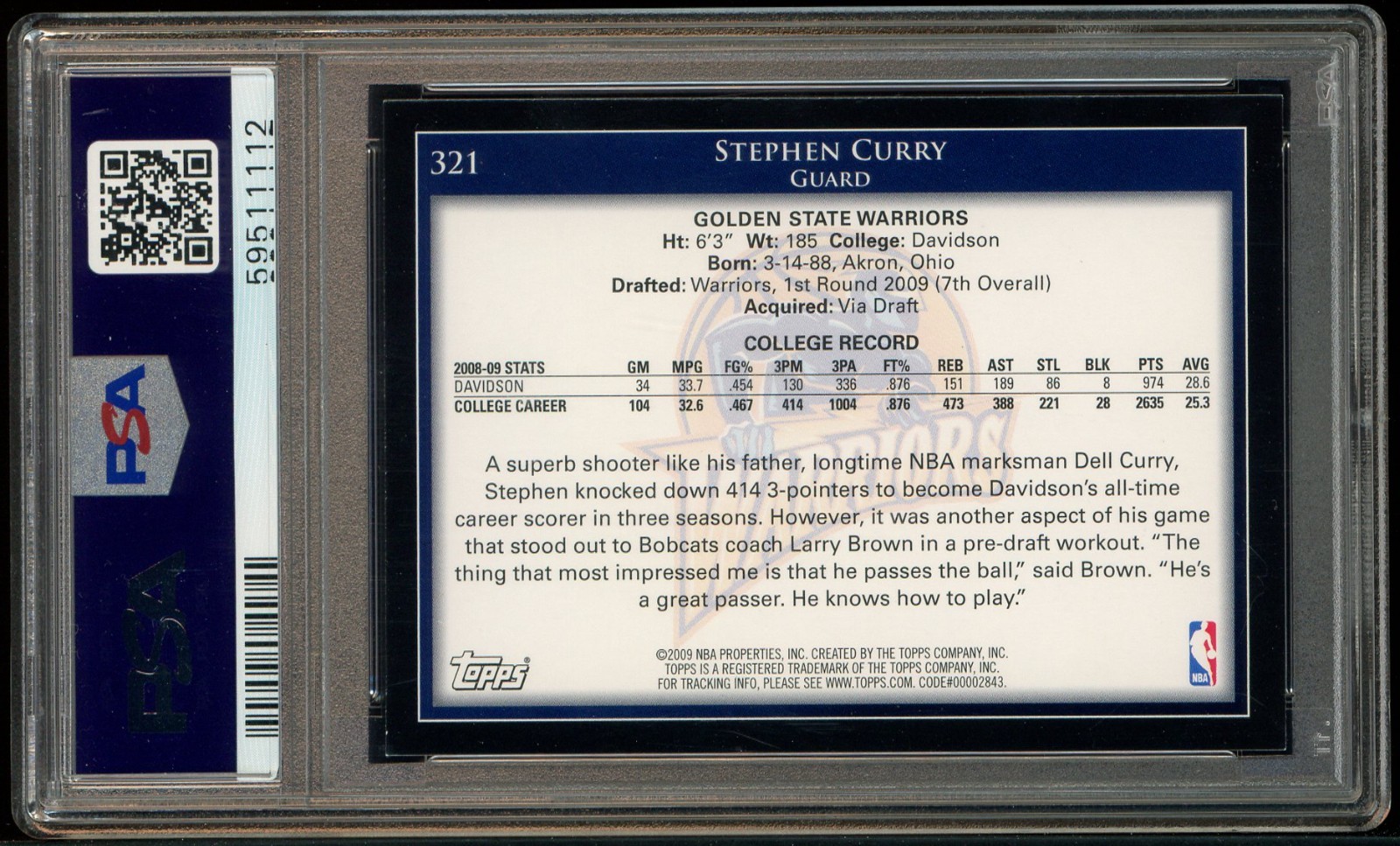 2009-10 Topps #321 Stephen Curry Golden State Warriors RC Rookie PSA 9 LOOKS GEM view 2