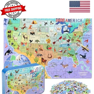 Puzzles for Kids Ages 4-6, Map 100 Piece Puzzles for Kids Ages 4-8 in a Metal...