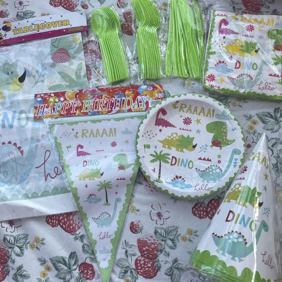 Suministros temáticos de dinosaurios de fiesta para 10 niños vajilla niño tela conjunto de pancartas Foto 2 de 4