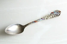 Antique 1897 Victorian Hallmarked Sterling Repousse Floral Enamel Spoon # 3