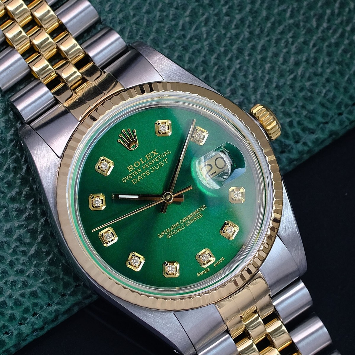 Rolex Mens Datejust 16013 18K Gold & Steel Green Dial with Box And