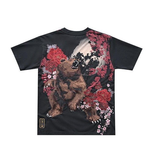 Mens T-Shirt Japanese Pattern Embroidery Beast Bear Floral Black White Unisex - Picture 9 of 20