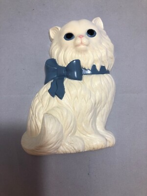 White Long Haired Cat Blue Bow Hard Plastic Wall Decor