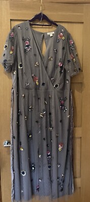 Monsoon Rosalie Embellished Midi Dress UK Size 22 Grey Mesh