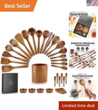 30-Piece Teak Wooden Utensils for Cooking - Natural Teak Utensil Set with Pre...