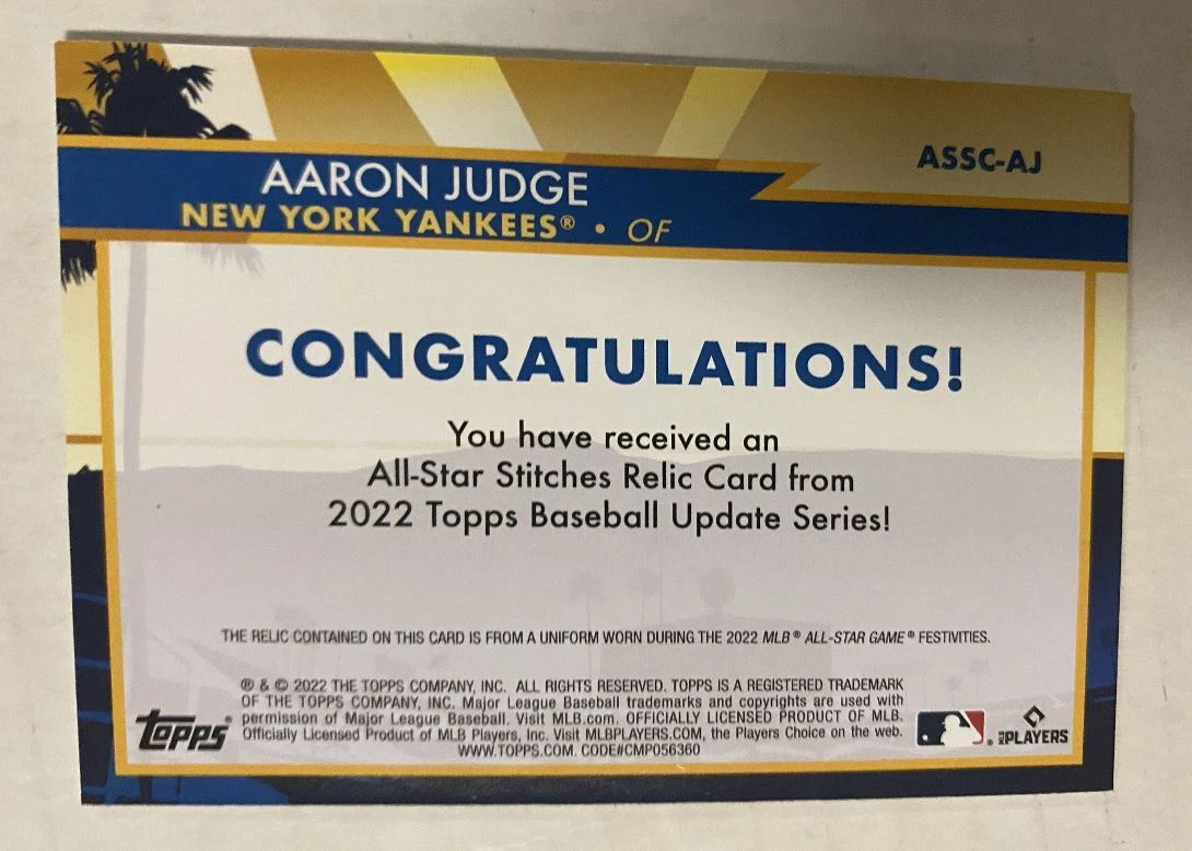 2022 TOPPS UPDATE STITCHES RELICX AARON JUDGE NEW YORK YANKEES #ASSC-AJ 2022 TOPPS UPDATE STITCHES RELICX AARON JUDGE NEW YORK YANKEES #ASSC-AJ