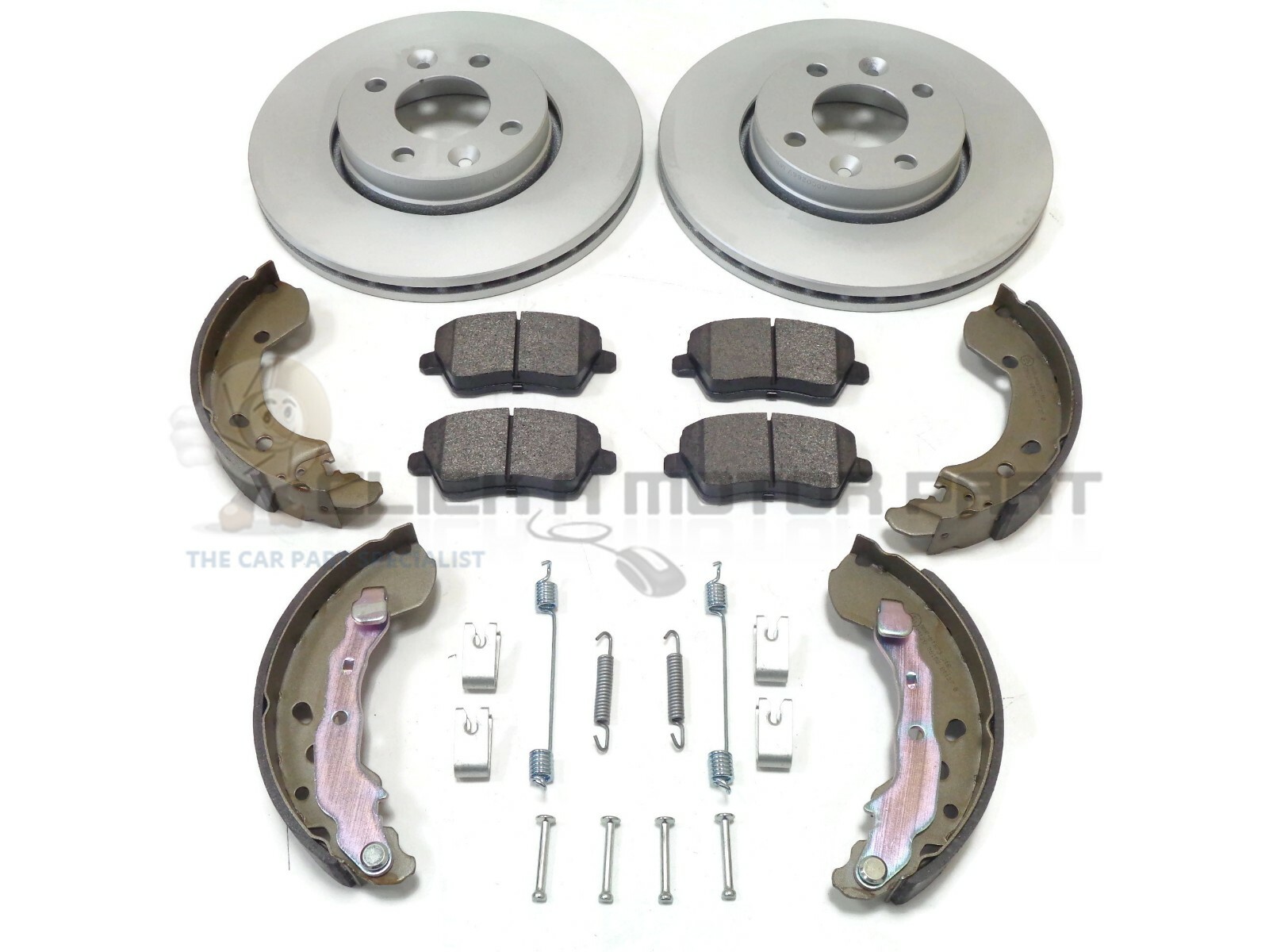 FRONT 2 BRAKE DISCS PADS & REAR SHOES & SHOES FITTING KIT FOR NISSAN