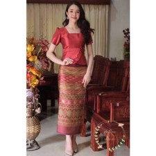 Thai Set Traditional Dress Skirt Wedding Sarong Vintage Long Silk Blouse Woman
