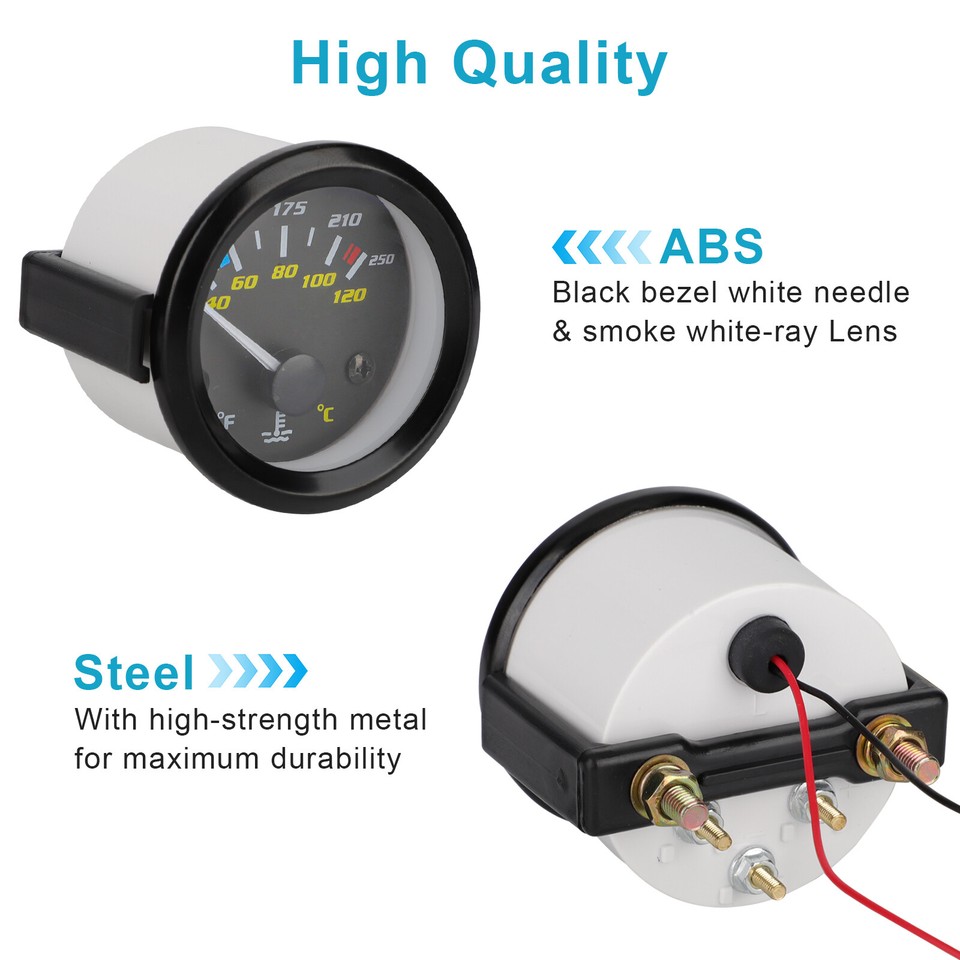 Sauto 52mm (2 Inch) Chrome Water Temperature Gauge - Mechanical, Black Face, Red Pointer (100-250°F)