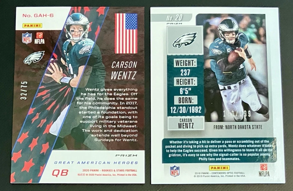 2020 Rookies and Stars American Heroes Red #6 Carson Wentz /75 + Optic / 199 Red - Image 2 of 2