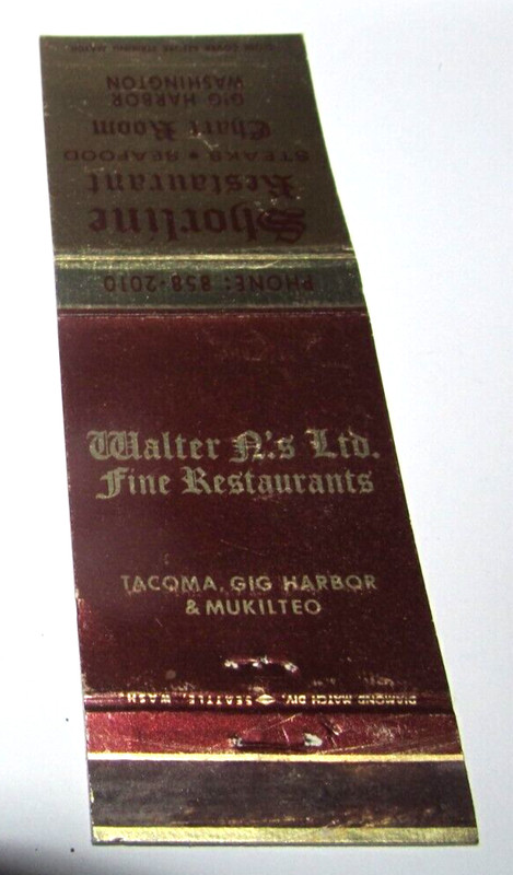 Matches Matchbook Cover Shorline Restaurant Gig Harbor Washington Tacoma Mukilte